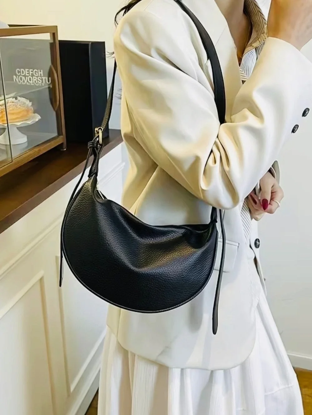New -Sleek & Stylish -Genuine Leather Crescent Hobo Bag -Black